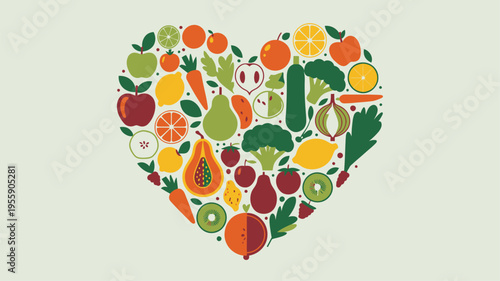 Heart shape made of colorful fruits and vegetables