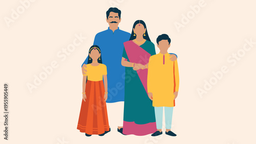Indian family traditional clothing flat illustration