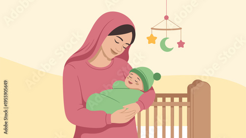 Loving mother cradling newborn baby near crib