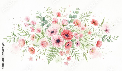 Pink and Red Wildflowers Watercolor Collection with Delicate Leaves