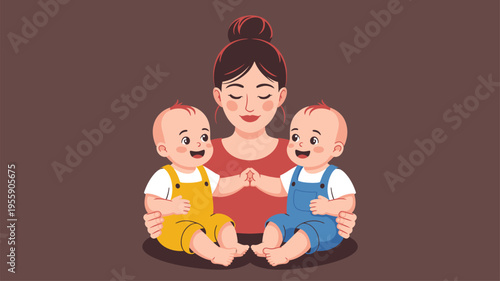 Loving mother embracing twin infants