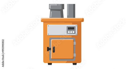 Simplified illustration of an orange industrial oven with digital display and exhaust pipes