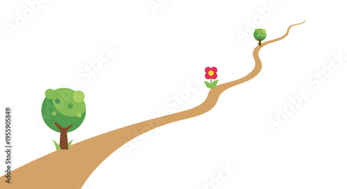 Simplistic journey illustration showcasing a winding path with trees and a flower
