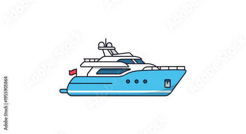 Sleek blue and white yacht illustration with a nautical theme on a white background