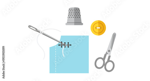 Simple Sewing Tools and Mending Materials for a Craft Project Illustration
