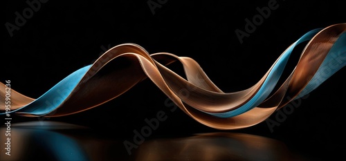 Flowing shapes of copper and teal on a black background, reflecting lightly below