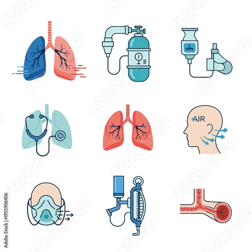 Medical Icons Representing Respiratory Health and Treatment.
