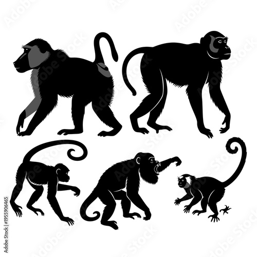 Collection of Diverse Monkey Silhouettes in Various Poses.