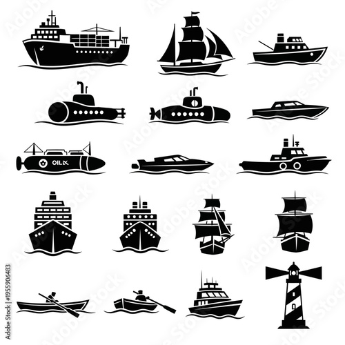 Collection of Diverse Nautical Vessels and Maritime Icons.