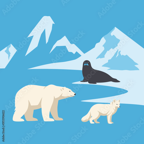 Polar Bear, Arctic Fox, and Seal in Icy Landscape.