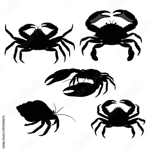 Collection of Five Different Crab Silhouettes Vector Illustration.