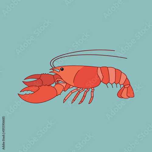 Illustration of a bright orange lobster with large claws on a teal background.