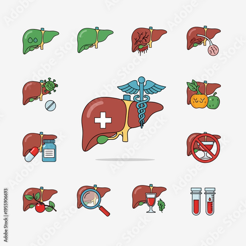 Human Liver Health and Disease Medical Icons Set.