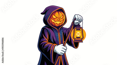 A spooky pumpkin character clad in a hooded robe holds a lantern, representing the essence of Halloween with a whimsical touch of charm and fright.
