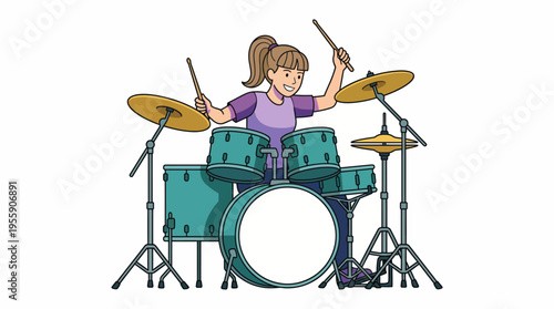 A young girl enthusiastically plays the drums, capturing the essence of musical passion and the joy of self-expression through rhythm and sound in this vibrant artwork.