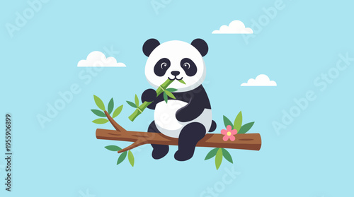 A charming panda relaxes on a branch munching bamboo, bringing attention to wildlife conservation and the importance of protecting endangered species in a light-hearted manner.