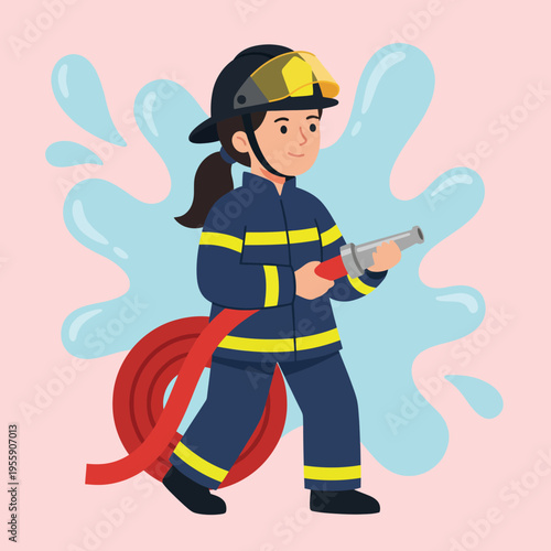 A skilled firefighter, equipped with a hose and protective gear, is presented against a backdrop of water splashes, showcasing bravery, readiness, and commitment to safety.
