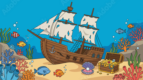 A colorful illustration depicting a sunken ship with treasure surrounded by various fish and corals, emphasizing the mystery and beauty of the underwater world.