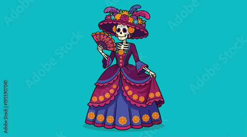 A lively depiction of a skeletal woman dressed in an intricate hat and dress adorned with flowers, showcasing elements of Día de los Muertos celebrations and cultural richness.