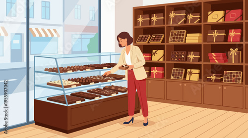 An elegant woman thoughtfully chooses her favorite chocolates from a beautifully arranged display inside a classy candy shop, reflecting a love for sweets and indulgence.