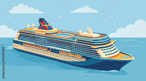 A colorful cruise ship illustration cruising in the ocean under a blue sky, representing leisure travel, adventure, and the joy of vacation experiences.