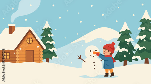 A joyful child in winter attire is building a snowman outside a cozy cabin in a snowy landscape, capturing the essence of childhood joy and winter adventure.