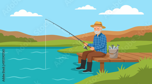 A charming depiction of a fisherman on a serene lake, showcasing relaxation and joy in nature, complete with fishing gear and a beautiful idyllic rural backdrop.