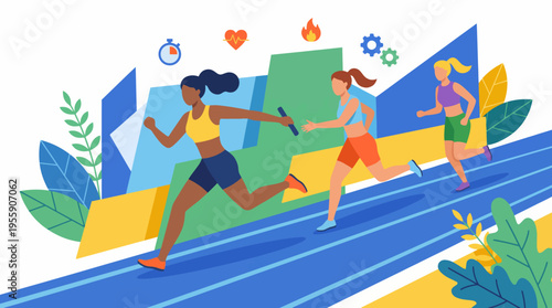 Three energetic runners are sprinting on a track, showcasing determination and fitness, with visual elements representing movement and a healthy lifestyle prominently featured.