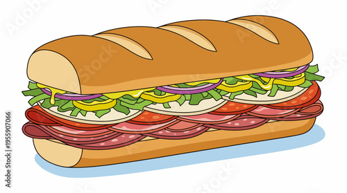 This colorful illustration depicts a scrumptious sub sandwich filled with various fresh ingredients like meats, vegetables, and sauces, appealing to food lovers everywhere.