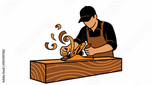 An illustration of a carpenter skillfully using a hand plane on a wooden plank, exemplifying craftsmanship and the art of woodworking in a workshop setting.