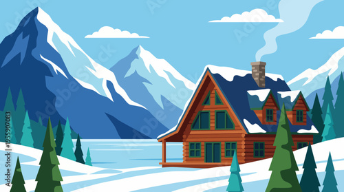 A picturesque cabin nestled in a snowy mountain landscape evokes feelings of tranquility and adventure, showcasing nature's beauty and winter charm in this serene artwork.