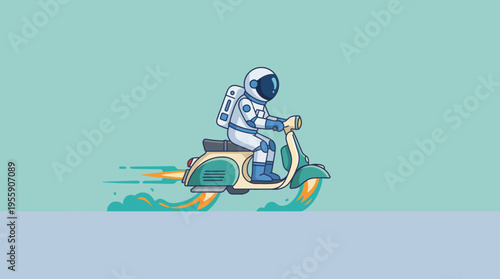 An astronaut rides a vintage scooter through a whimsical space landscape, illustrating a unique blend of adventure, freedom, and imagination in an unconventional setting.