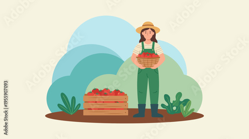 A bright illustration of a farmer with a basket of freshly harvested tomatoes, emphasizing the rewarding connection between agriculture, nature, and sustainable living.