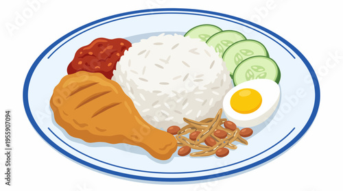 A vibrant plate featuring rice, fried chicken, and fresh vegetables, showcasing a delightful meal that emphasizes culinary enjoyment and cultural flavors.