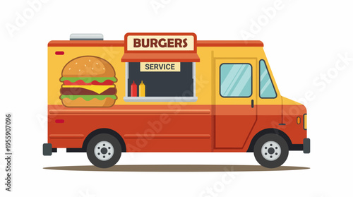 A vibrant food truck, designed for serving burgers, is set in a sunny environment and highlights popular street food culture with its appetizing visual appeal.