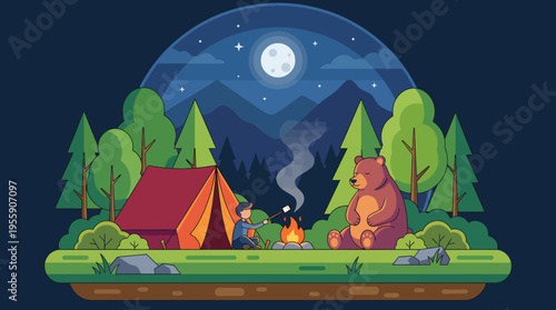 A cheerful camper is roasting marshmallows by a campfire, accompanied by a friendly bear, surrounded by tall trees and a beautiful night sky with a full moon.