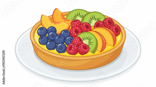 A colorful and appetizing tart topped with fresh fruits like raspberries, blueberries, kiwi, and peaches, presenting a delightful and inviting look perfect for any dessert lover.