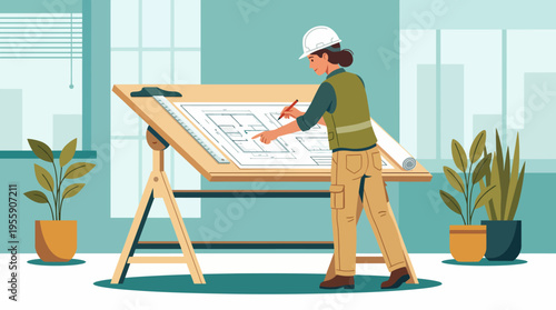 A professional architect carefully prepares architectural blueprints while focusing on detailed designs and technical drawing techniques in a bright studio environment.
