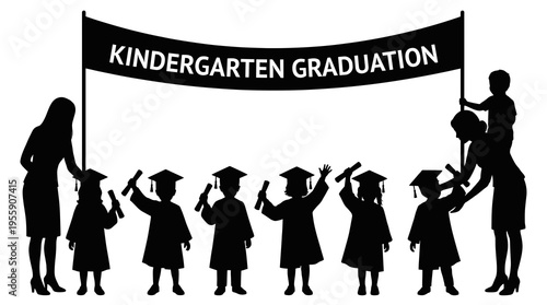Kindergarten Graduation Vector Silhouette of a Procession with Teachers Parents and Kids. Marching children and adults with a celebration banner.