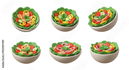 six colorful 3d rendered salad bowls on a white background a healthy eating campaign or recipe promotion