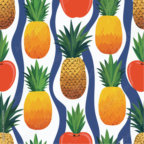 Seamless Tropical Fruit Pattern Featuring Whole Pineapples and Red Apples with Bold Blue Waves