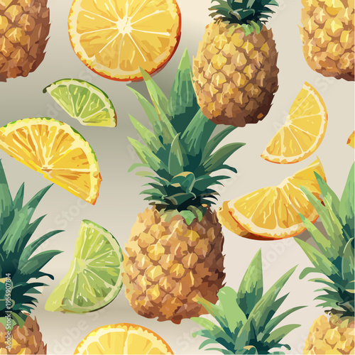 Seamless Tropical Vector Pattern Featuring Whole Pineapples, Orange Slices, and Lime Wedges for Summer Backgrounds and Fabric Design