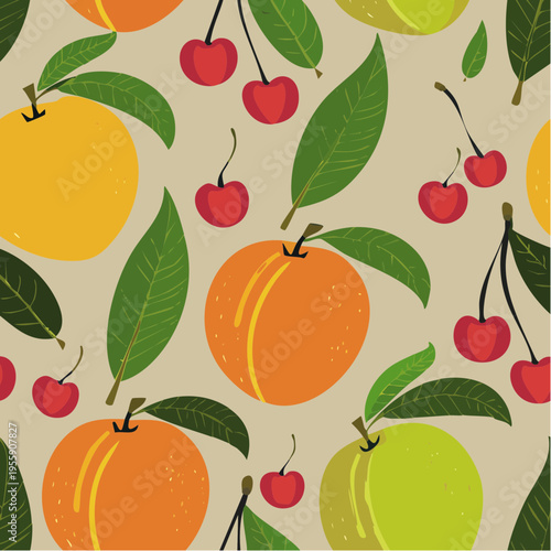 Charming Seamless Pattern with Ripe Peaches, Sweet Cherries, and Green Leaves, Elegant Vector Illustration for Textiles, Fabric, and Wallpaper Decor