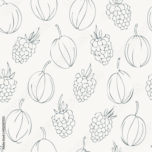 Seamless Vector Pattern of Hand-Drawn Peach and Raspberry Outlines, Minimalist Fruit Line Art Background for Textile and Wallpaper Design