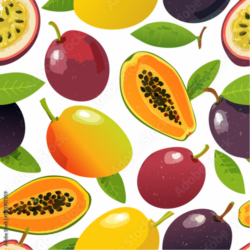 Vibrant Seamless Vector Pattern of Tropical Fruits with Mangoes Papayas and Passion Fruit on White