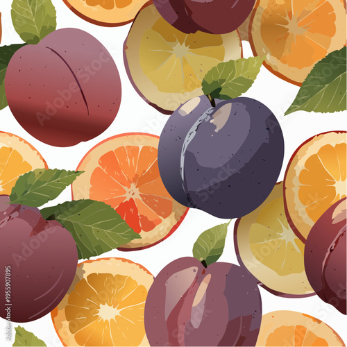 Seamless Vector Pattern with Whole Purple Plums and Sliced Juicy Oranges with Green Leaves, Commercial Grade Illustration for Textile and Wallpaper Design