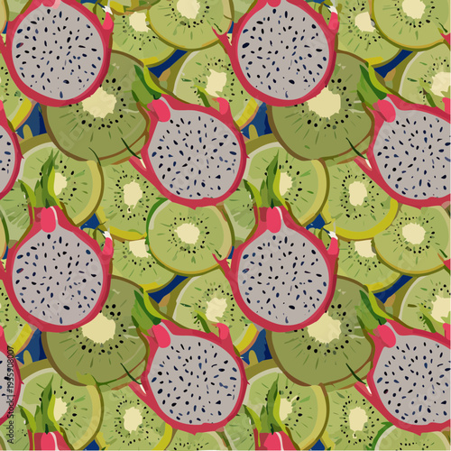 Exotic Seamless Vector Pattern of Sliced Dragon Fruit and Kiwi for Tropical Textile and Wallpaper Backgrounds
