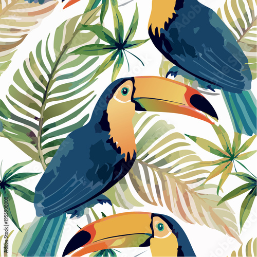 Exotic Toucan Seamless Vector Pattern with Tropical Palm Leaves and Jungle Foliage for Textile and Wallpaper Design