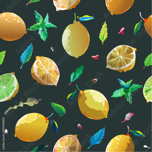 Vibrant Seamless Vector Pattern of Fresh Lemons, Sliced Citrus, and Aromatic Mint Leaves on a Dark Background for Summer Kitchen Decor and Textiles