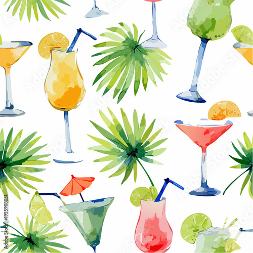 Seamless Watercolor Vector Pattern of Tropical Summer Cocktails and Exotic Green Palm Leaves on White Background